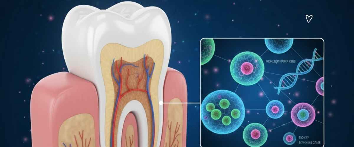 Cross-section of a tooth showing nerves and blood vessels, paired with a diagram of colorful stem cells, DNA strands, and a cosmic blue background.